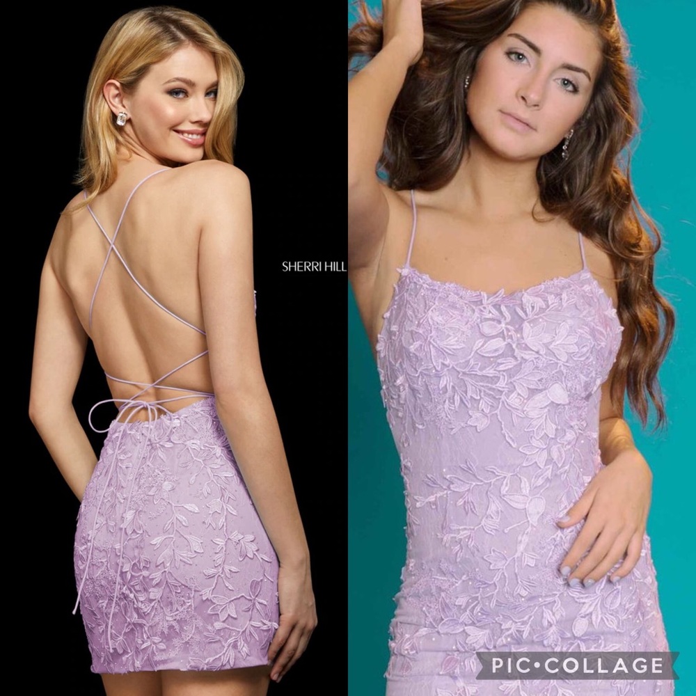 Sherri Hill 53151 Beaded Embroidered Floral Lace Lace up Dress Size 6 Purple
